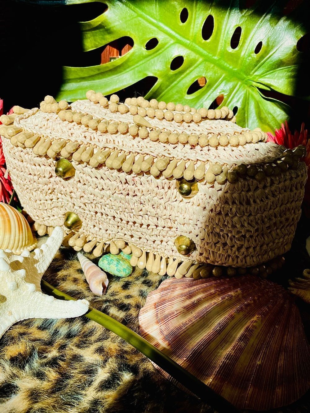 ♥️ Vintage 1960s Tan Straw Beaded Box Shaped Handbag Purse With Top Handle Italy - Picture 4 of 16